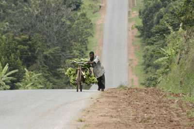 Mid adult man carrying bananas on bicycle at road