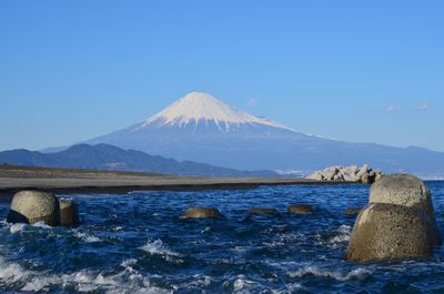 Scenic view of sea against clear blue sky