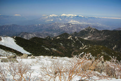 Scenic view of snowcapped mountains against sky