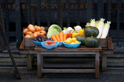 Various vegetables on table in front of kyoto restaurant 