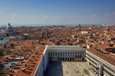 Wide angle aerial view from the top of campanile di san marco center surrounded by houses rooftops