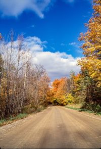 Road amidst trees against blue sky