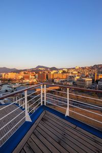 High angle view of buildings against clear blue sky