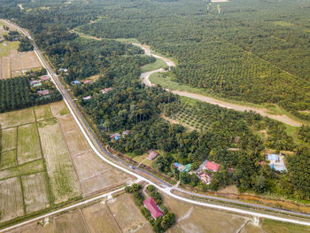 High angle view of street amidst field