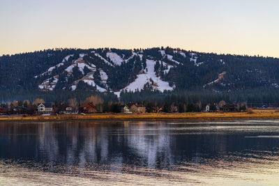 Scenic view of lake by mountains against sky during winter