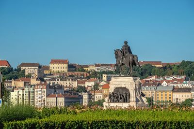 Monument to gyula andrassy on the embankment of pest in budapest, hungary, on a sunny summer morning