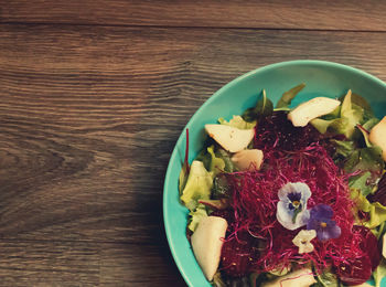 High angle view of fruits in bowl on table