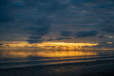 Scenic view of beach against sky during sunset