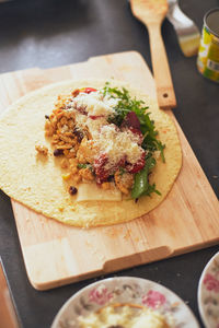 High angle view of meal served on table