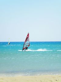 Rear view of man surfing on sea against clear sky during sunny day