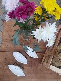 High angle view of white flowers on table