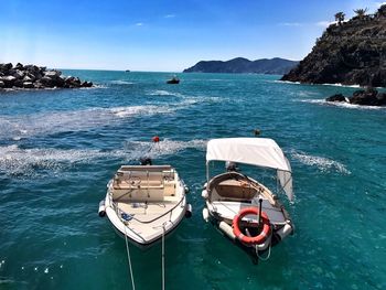 High angle view of boats moored in sea against clear sky