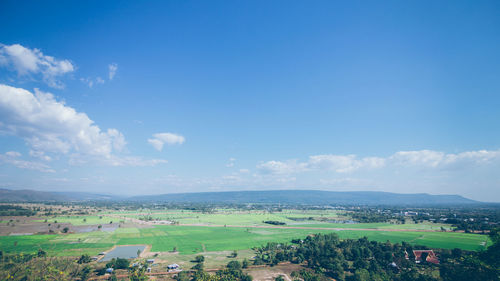 Scenic view of agricultural field against blue sky