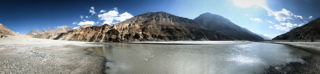 Panoramic view of snowcapped mountains against sky