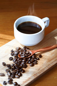 High angle view of coffee cup on table