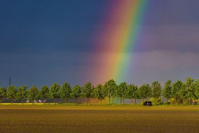 Scenic view of rainbow over trees on field against sky