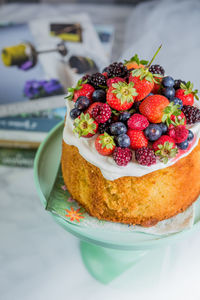 High angle view of fruit cake on stand