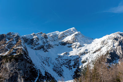 Snow capped peak of mala mojstrovka mountain in julian alps on slovenia