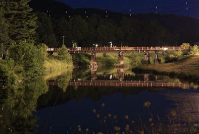 Scenic view of lake against trees at night