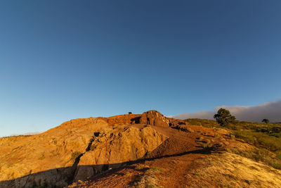 Scenic view of rocky mountains against clear blue sky