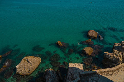 Aerial top view of the beautiful beach of nerja in spain with a man snorkeling