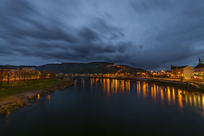 Scenic view of illuminated lake against sky at dusk