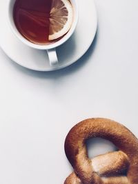 High angle view of coffee cup on table
