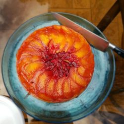 High angle view of orange slices in bowl on table