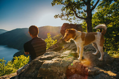 Rear view of woman with dog on mountain against sky