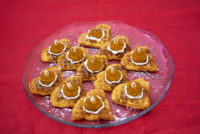 High angle view of dessert in plate on table