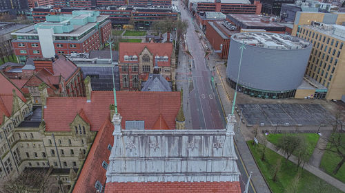High angle view of buildings in city