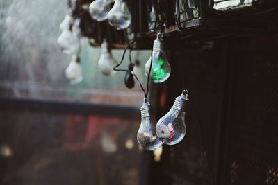 Close-up of light bulbs hanging on building