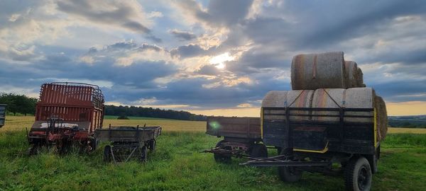 Built structure on field against sky