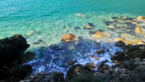 High angle view of rocks in sea