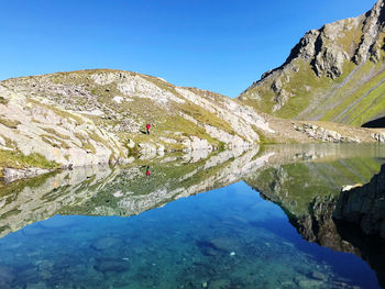 Scenic view of lake and mountains against clear blue sky