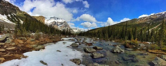Scenic view of mountains against cloudy sky
