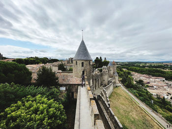 High angle view of old ruins against sky