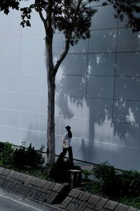 Man sitting by tree against sky