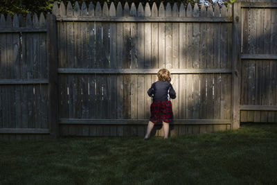 Rear view of boy peeking through wooden fence while playing at backyard