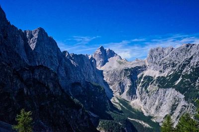 Panoramic view of mountains against blue sky