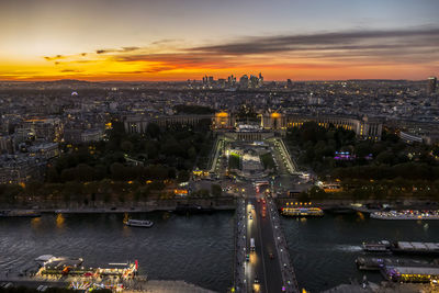 Aerial view of trocadero and the seine river in paris at sunset