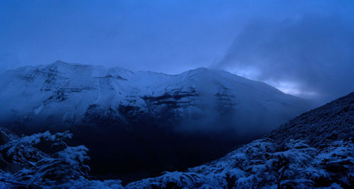 Scenic view of snow covered mountains against sky