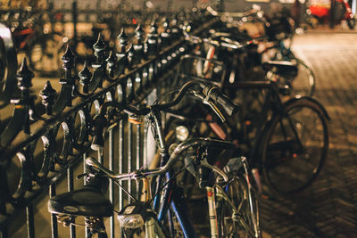 Close-up of bicycles parked