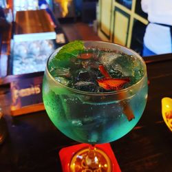 Close-up of beer glass on table in restaurant