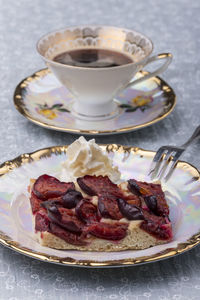 Close-up of cake served in plate on table