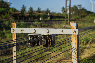 Close-up of metal gate on field