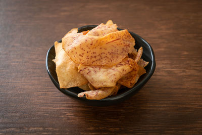 High angle view of food in plate on table