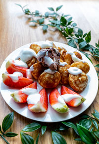 High angle view of dessert in plate on table