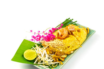 High angle view of multi colored leaves on white background
