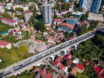 High angle view of street amidst buildings in city